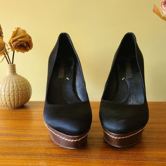 Black Satin Stacked Pumps with Wood Heel - Picture 4 of 7